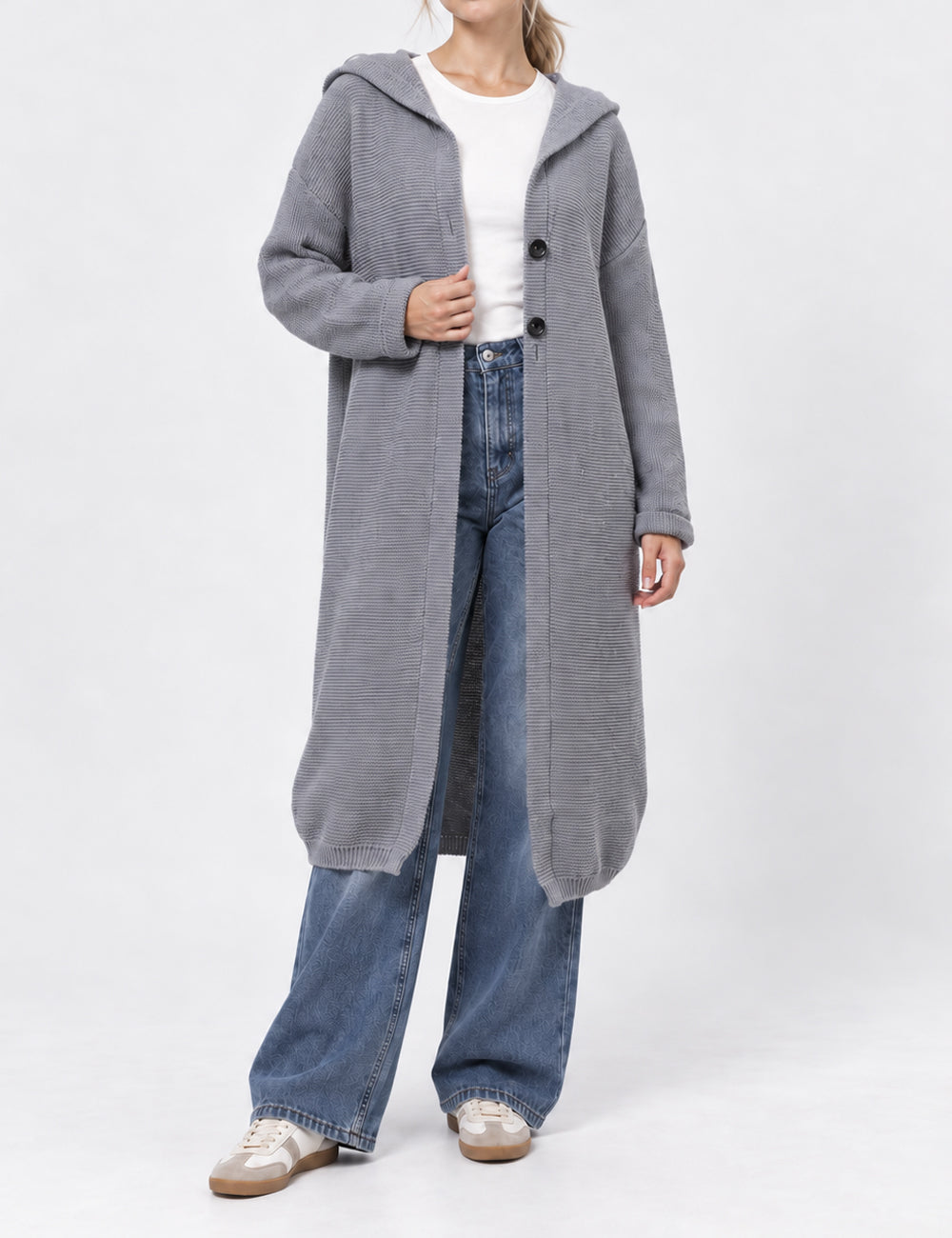 Ladies Button Hooded Solid Color Sweater Coat Cardigan