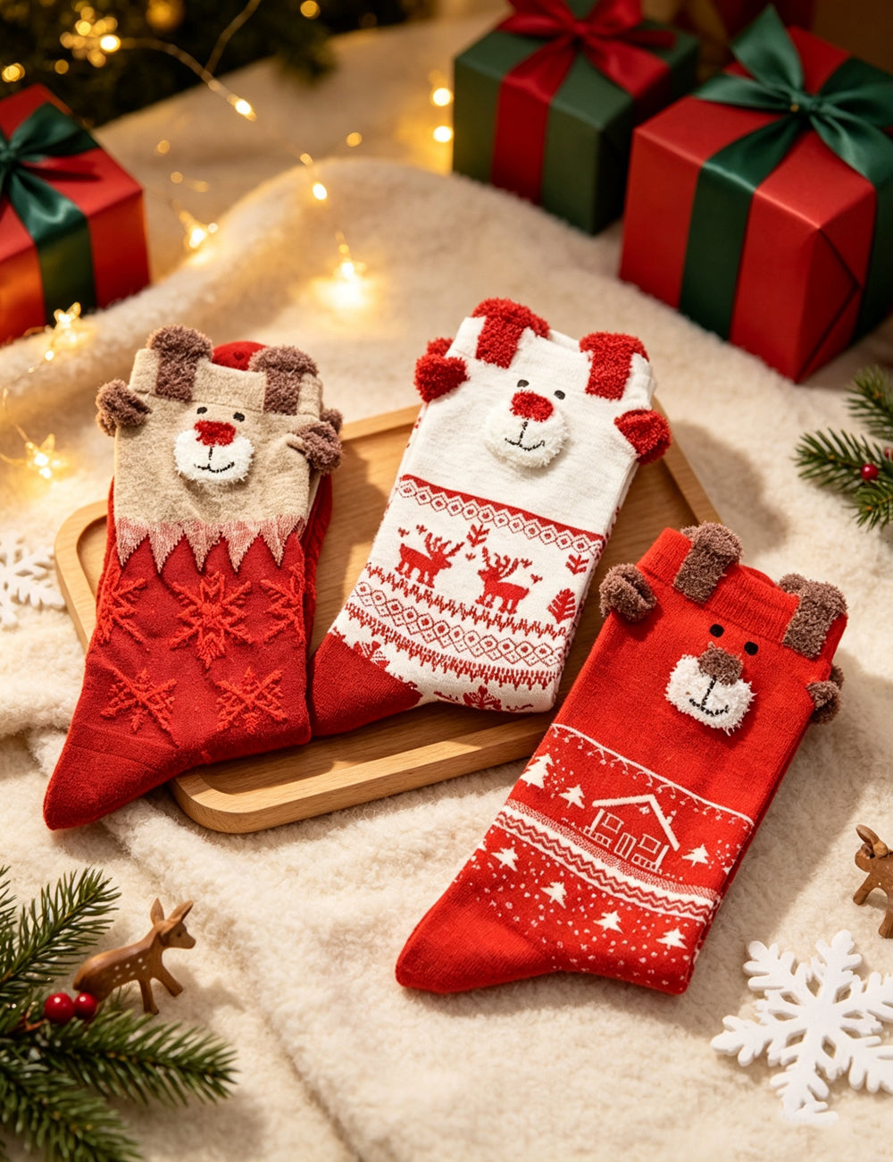 Ladies Christmas Cartoon 3D Ear Mid Calf Socks