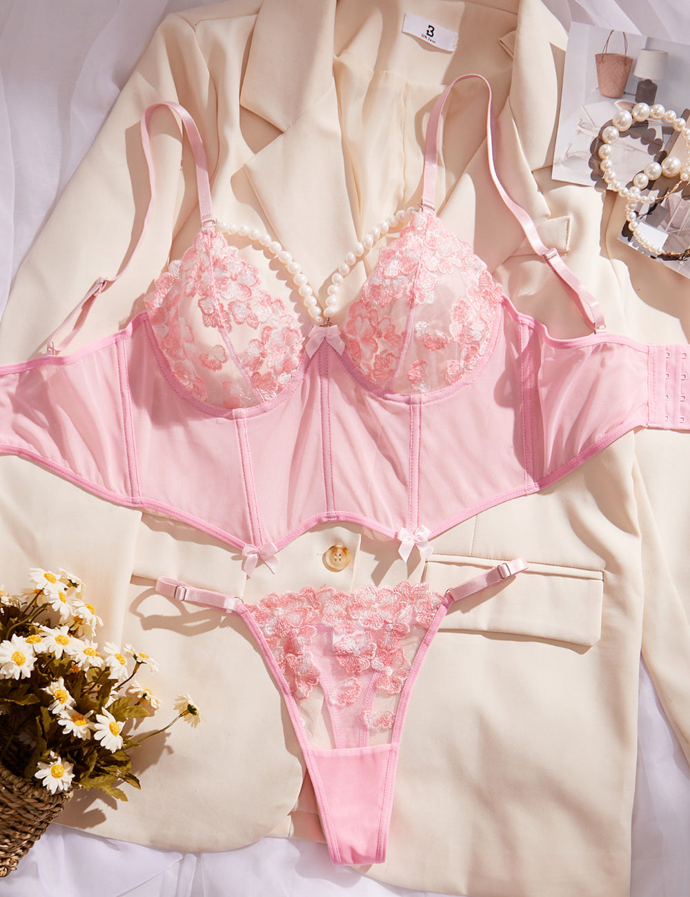Ladies Floral Embroidery lingerie Corset Set SKLG4162