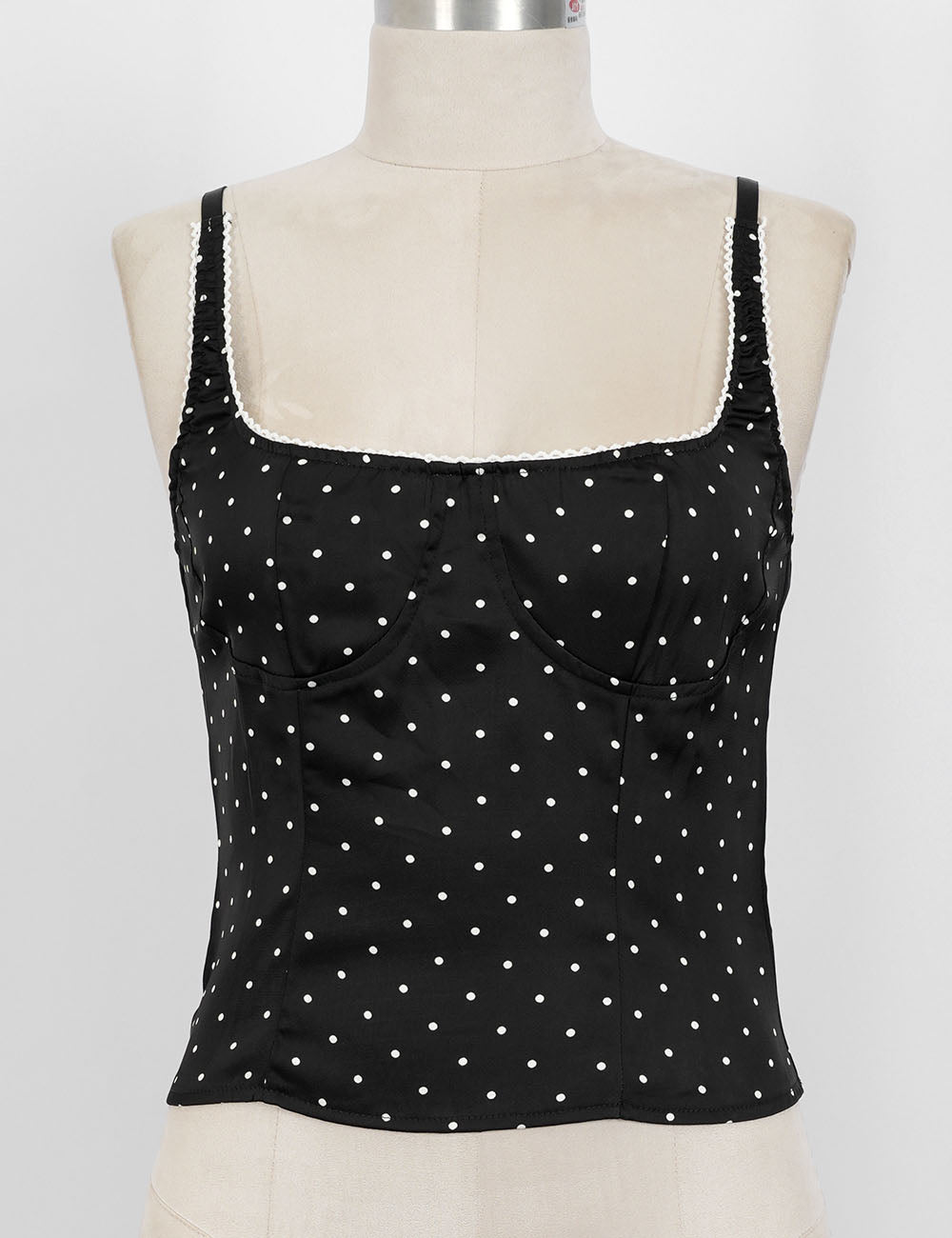 Ladies Chic Polka Dot Lace Trim Corset Square Neck Cami Top