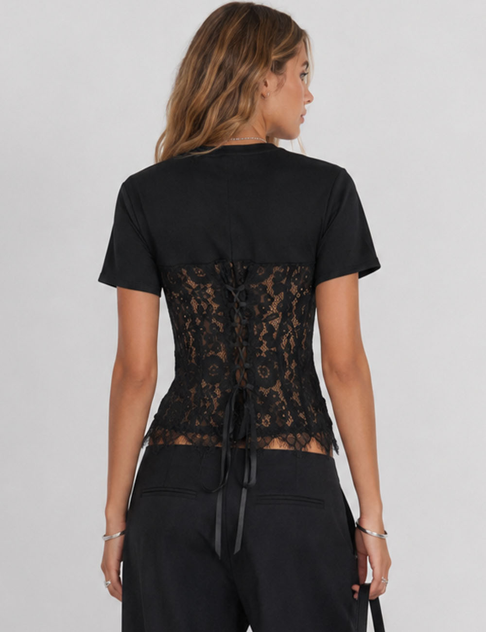 Ladies Lace Scalloped Hem Round Neck Short Sleeves Top