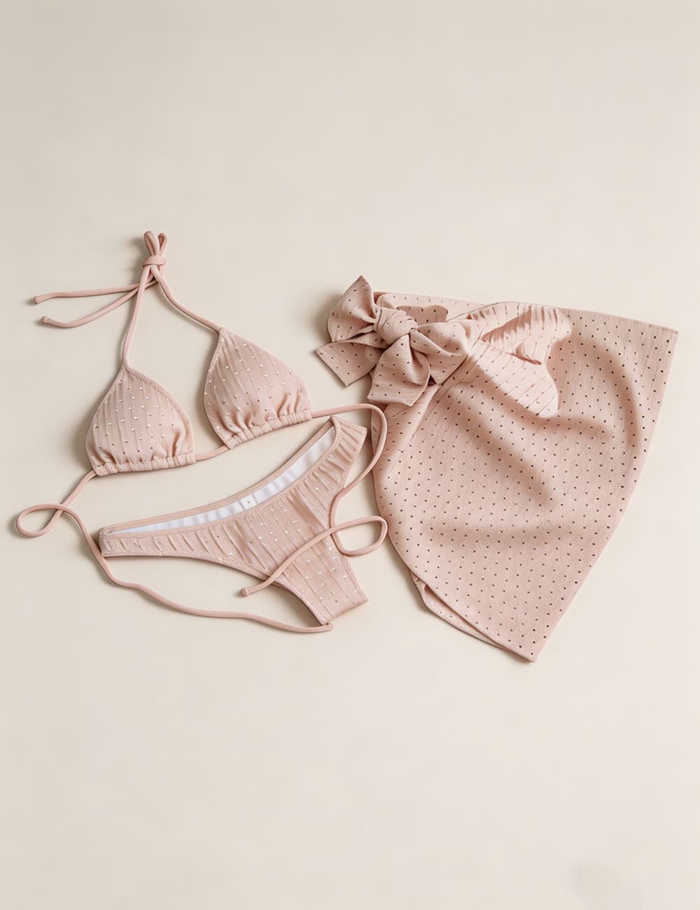 Ladies Solid Color Halter Triangle Bikini Set with Cover Up