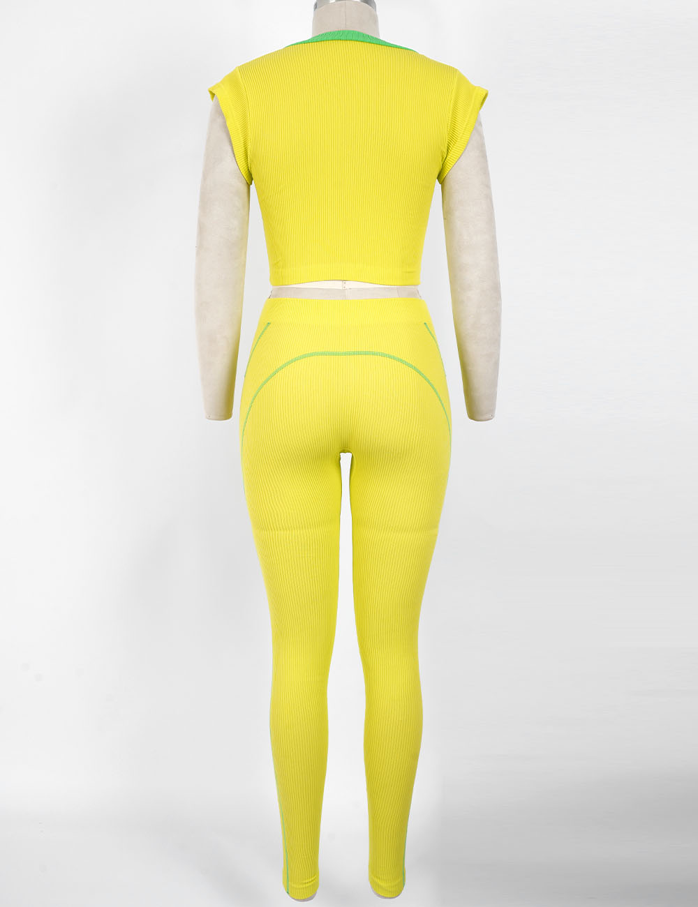 Ladies Ribbed Color Block Elastic Waist Yoga Pants