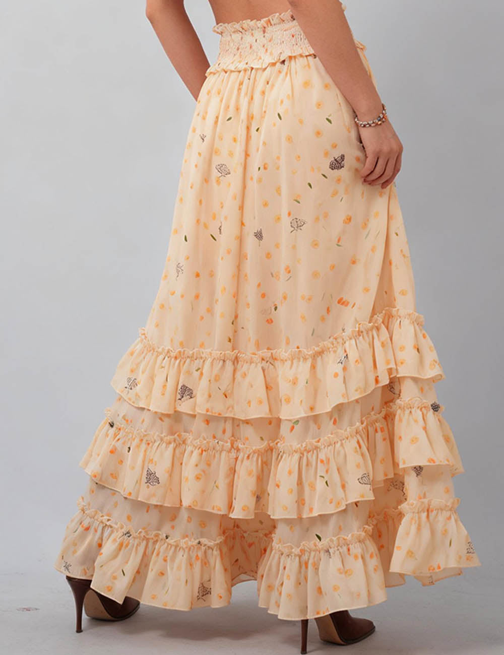Ladies Floral Tiered Ruffle Smocked Waist Maxi Skirt
