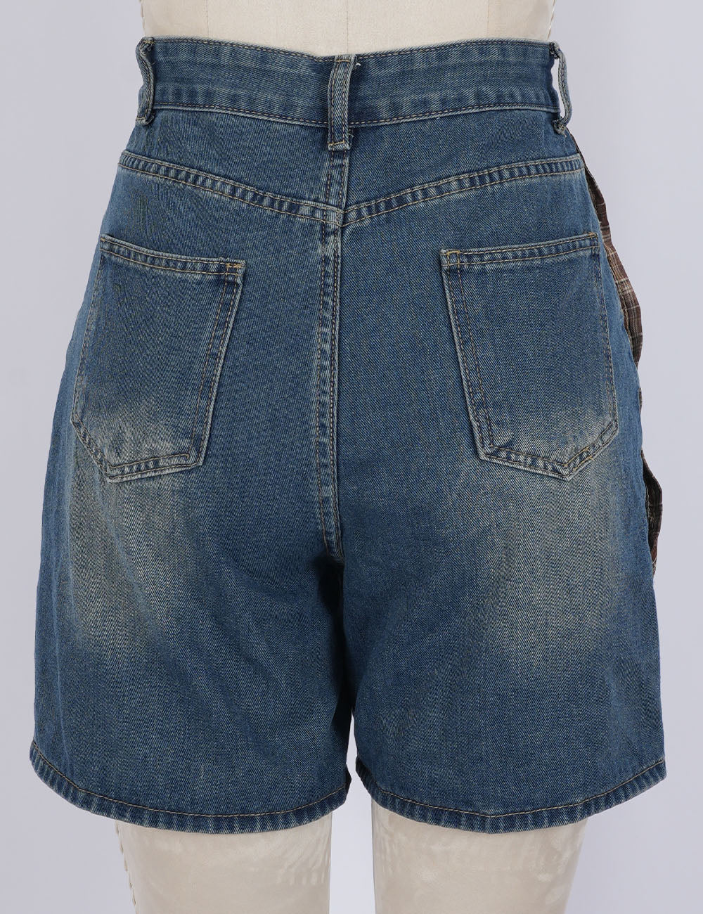 Ladies  Plaid Lace Patchwork Wide Leg Denim Shorts