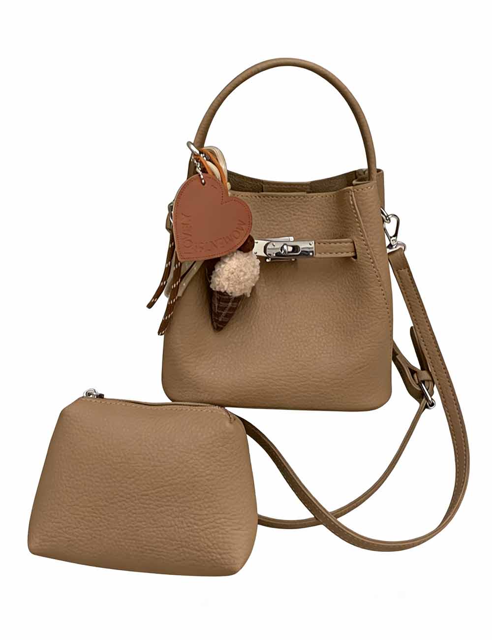 Ladies Litchi Faux Leather Crossbody Mini Bucket Bag Set