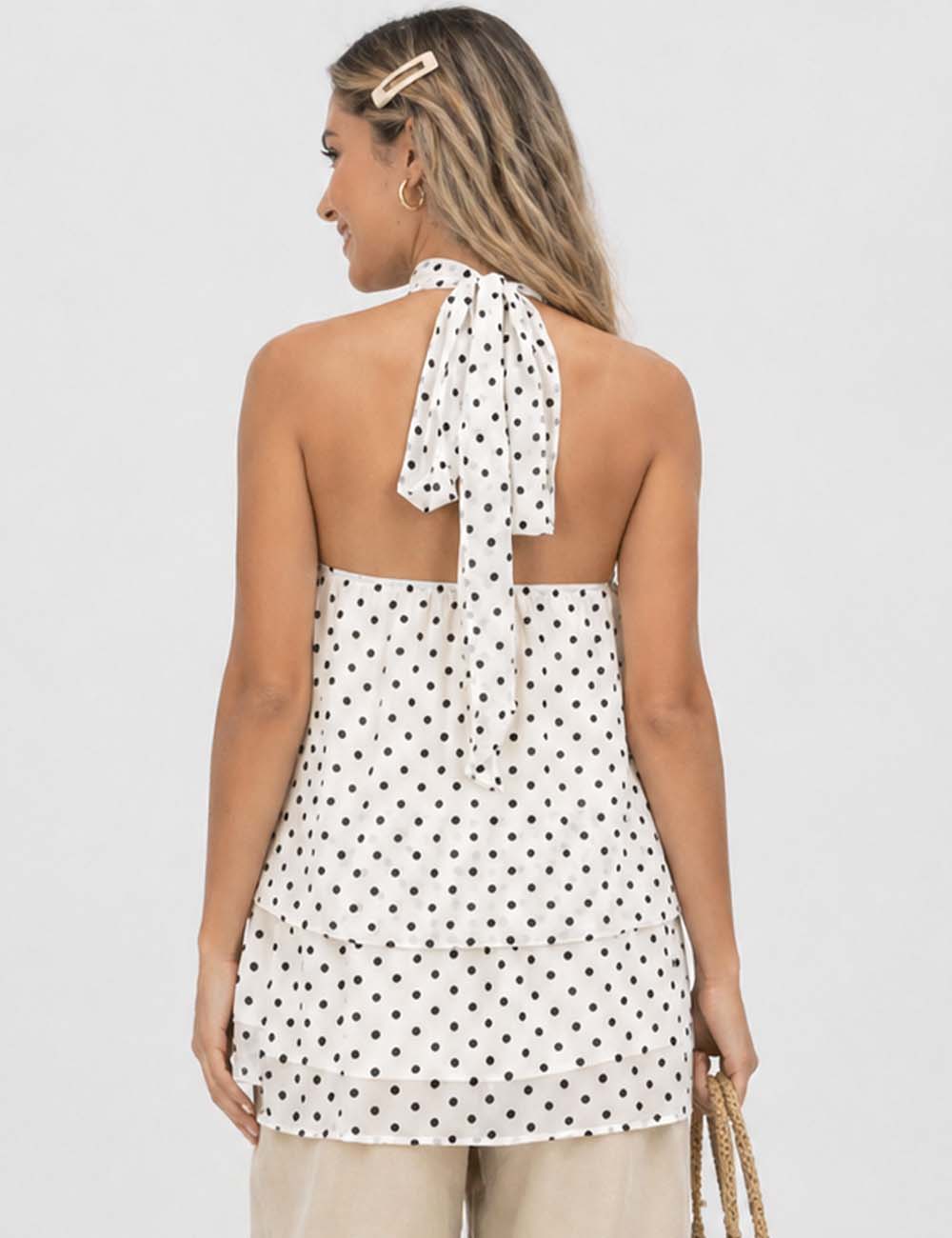 Ladies Chiffon Polka Dot Stand Neck Sleeveless Ruffle Hem Top
