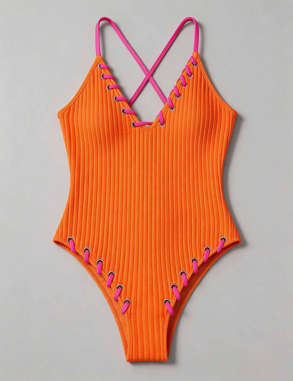 Ladies Lace-Up Accents Along High Leg Cut One Piece Swimsuit