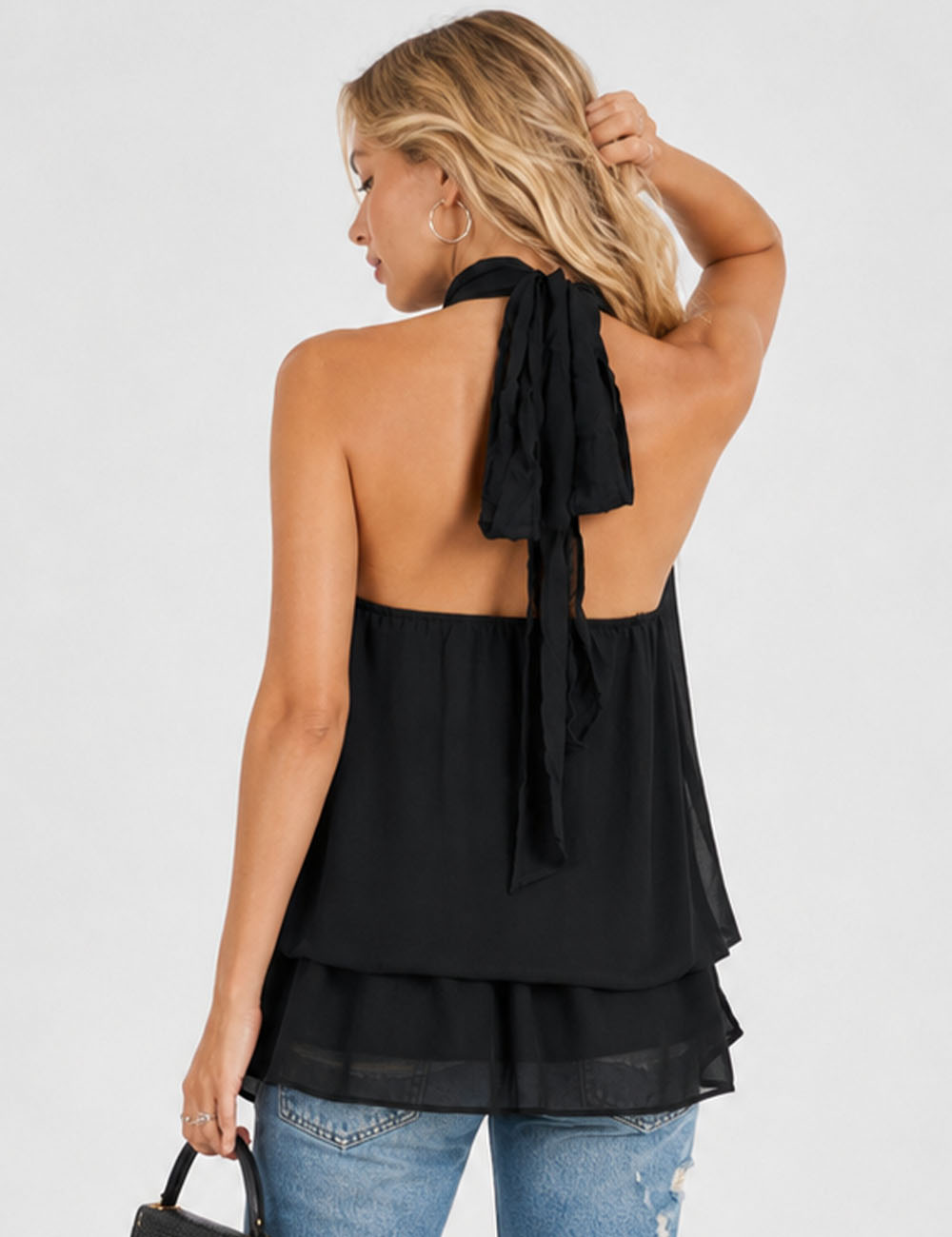 Ladies Chiffon Stand Neck Solid Color Ruffle Hem Sleeveless Top