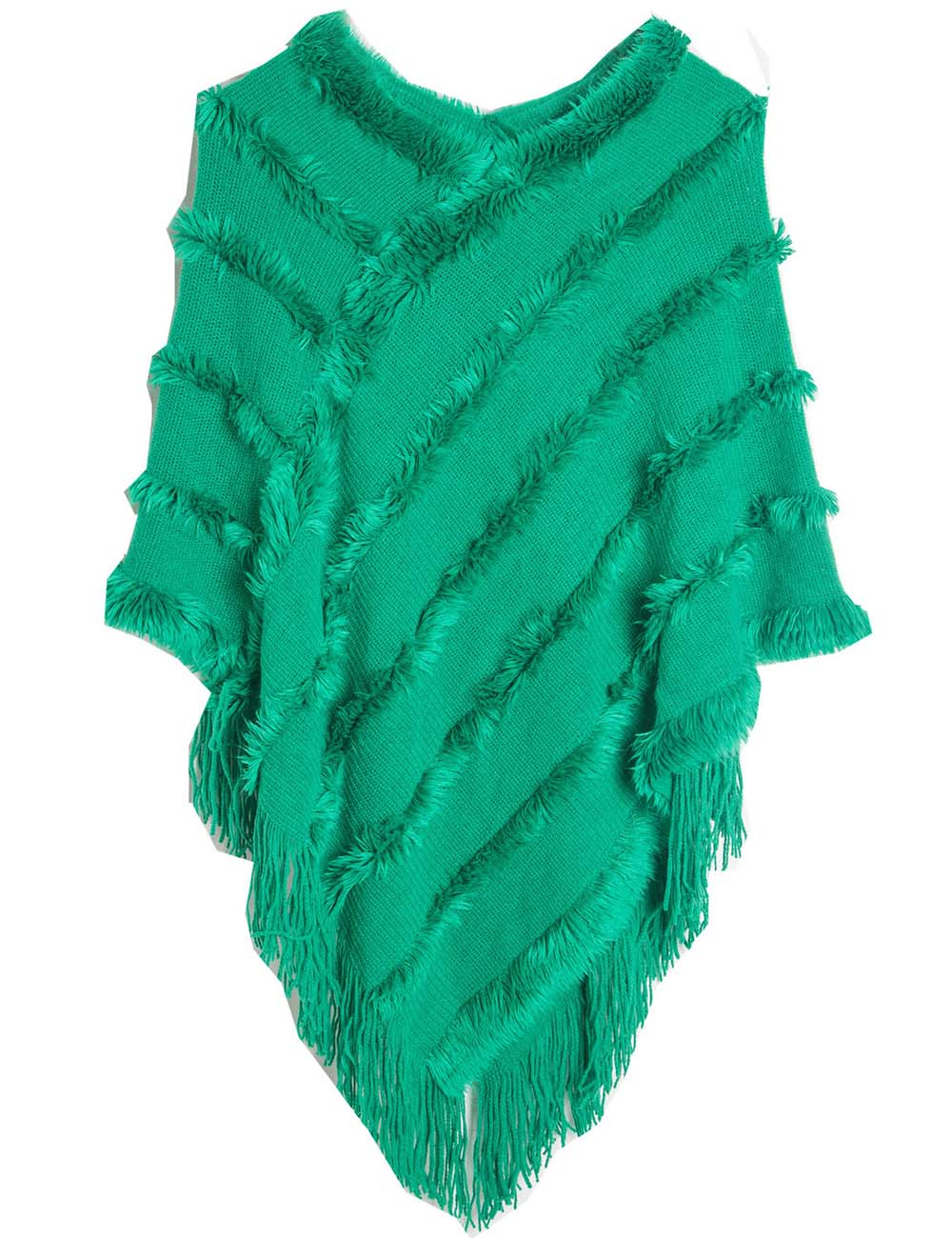 Ladies Tassel Trim Scarf V-Neck Solid Color Knit Shawl