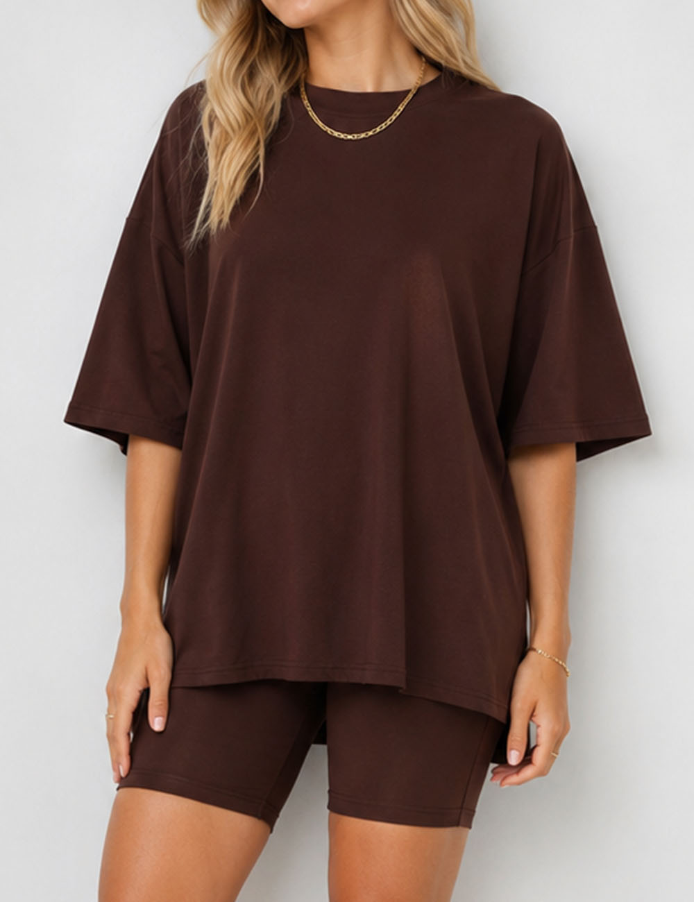 Ladies Solid Loungewear Outfits Loose Top & Slim Shorts Set
