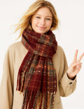 Ladies Christmas Plaid Fringe Oblong Knit Scarf