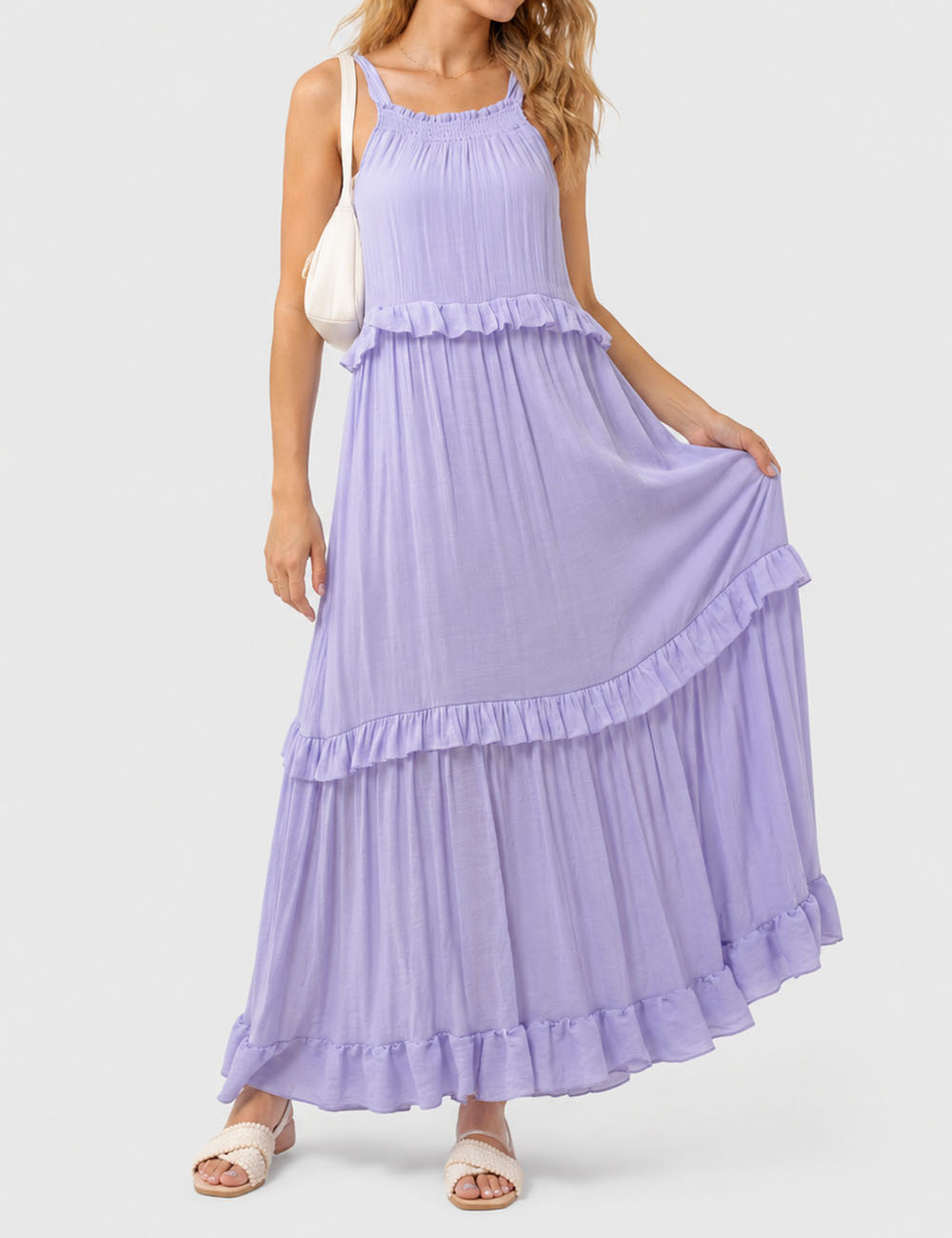 Ladies Boho Ruffle Tiered Hem Sleeveless Solid Color Maxi Dress