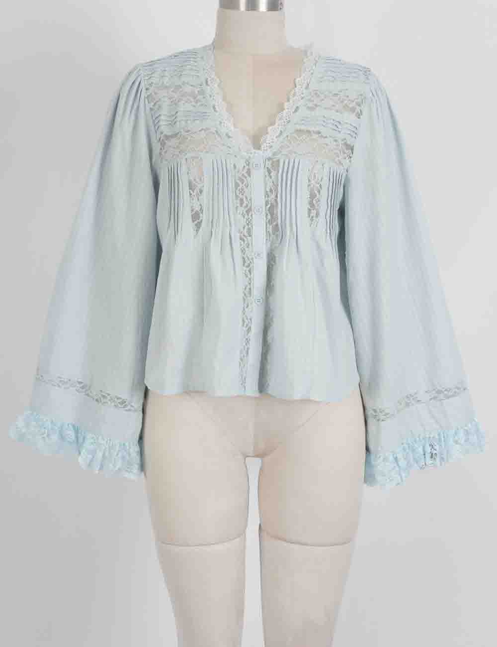 Ladies Solid Color Eyelets Ruffle Lace Blouse