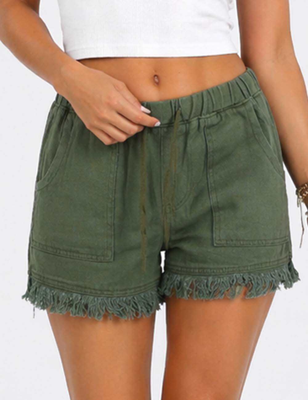 Ladies Solid Color Drawstring Waist Frayed Hem Denim Shorts