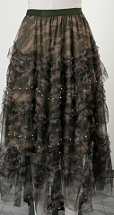Ladies Casual Camo Print Pearl Tiered Ruffle Tulle Maxi Skirt