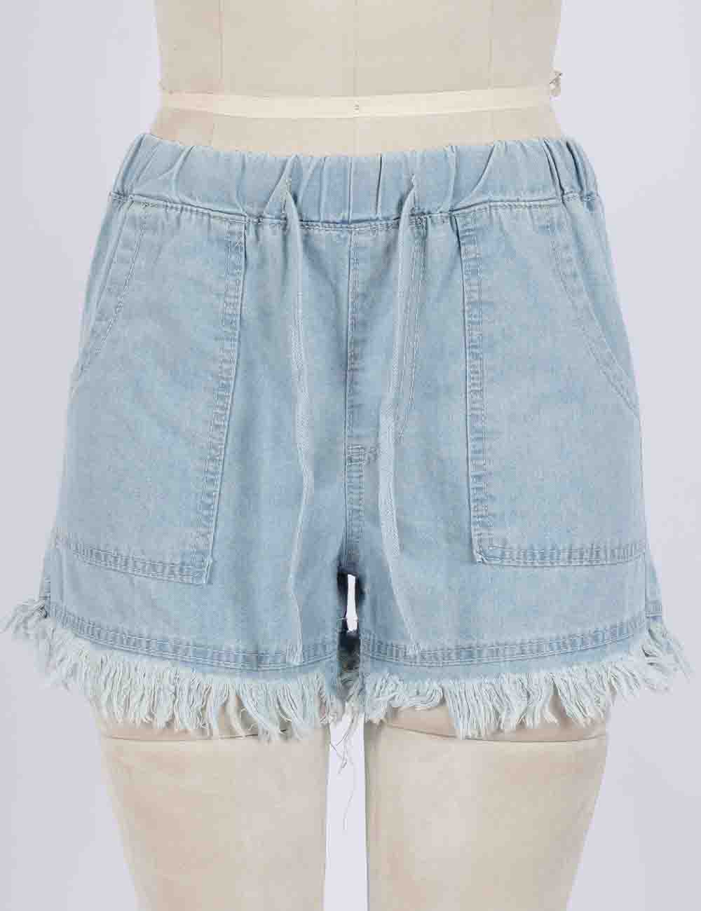 Ladies Solid Color Drawstring Waist Frayed Hem Denim Shorts
