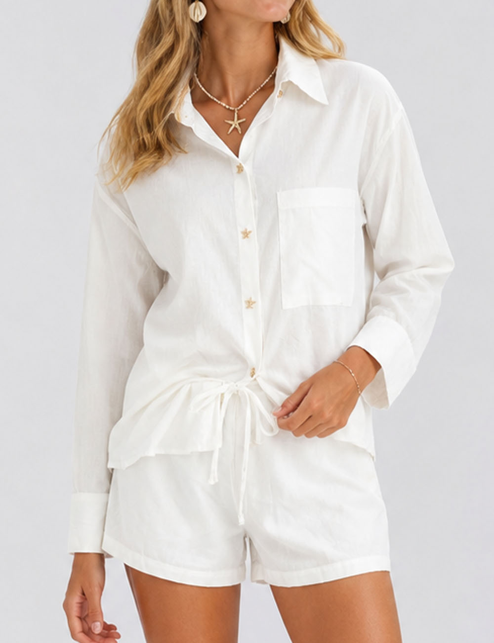 Ladies Metal Starfish Button Shirt & Wide Leg Shorts Matching Set