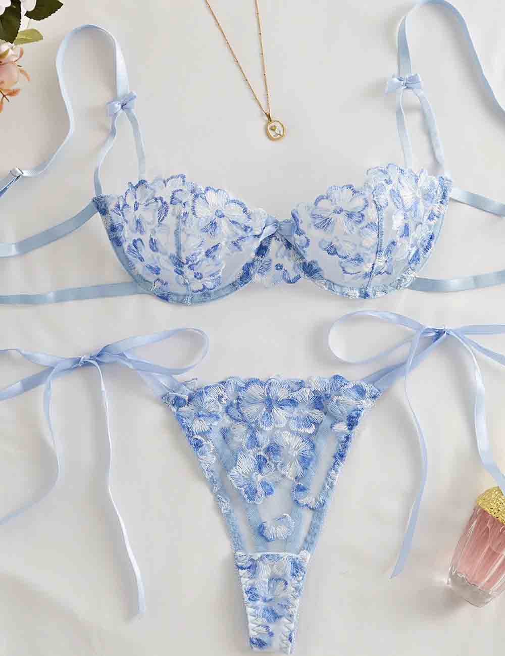 Ladies Floral Embroidery See Through 2PCS Lingerie Set 8XX0110