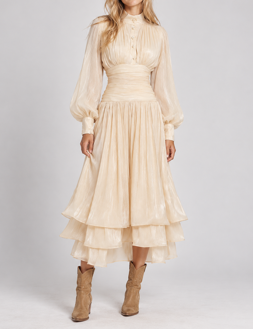 Ladies Puff Sleeves Ruched Button Tiered Midi Dress