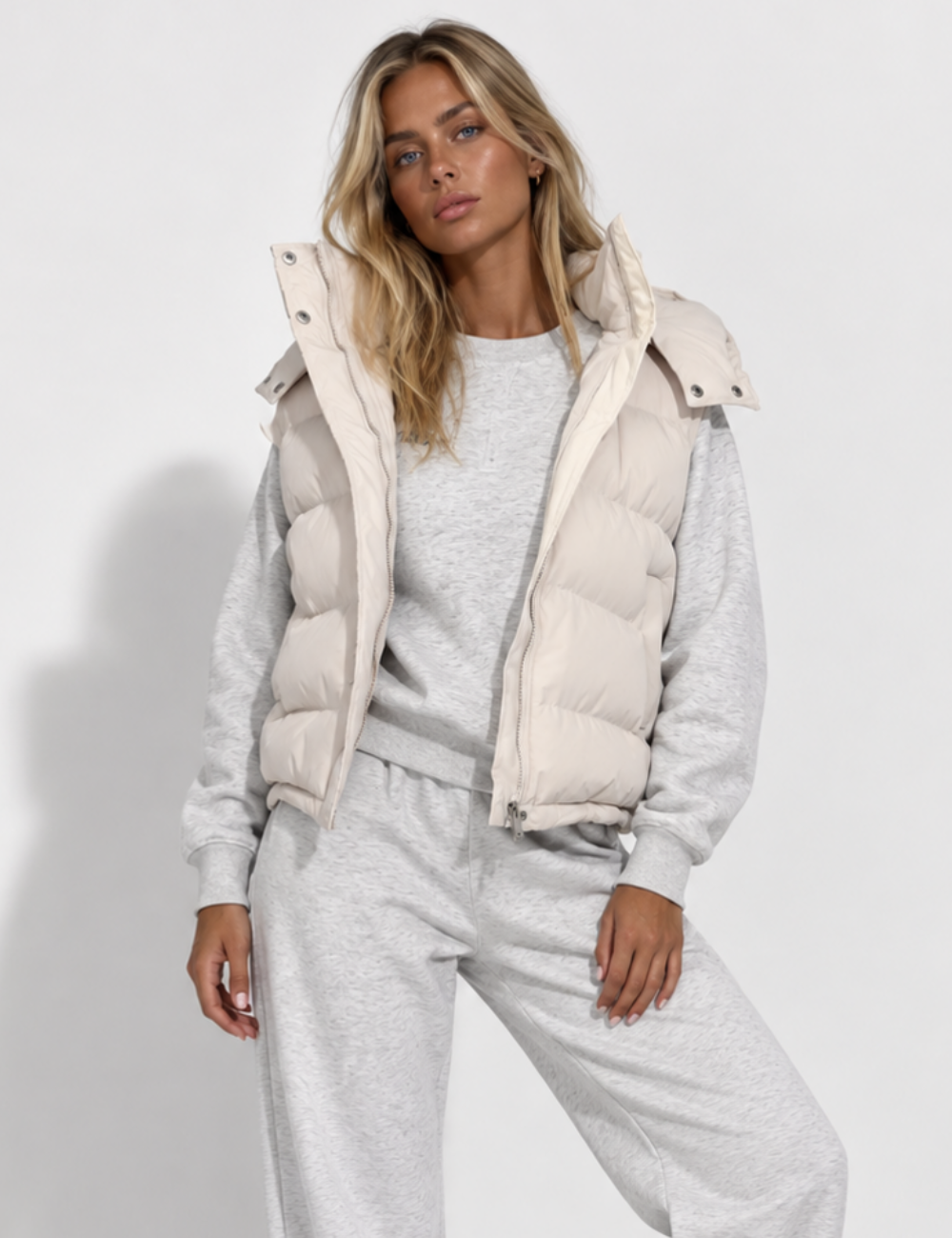 Ladies Stand Collar Hooded Quilted Puffer Vest