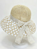 Ladies Boho Floral Lace Wide Brim Bow Straw Beach Hat