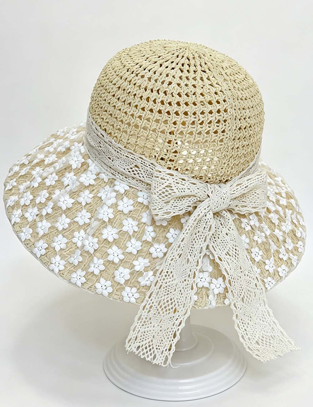 Ladies Boho Floral Lace Wide Brim Bow Straw Beach Hat