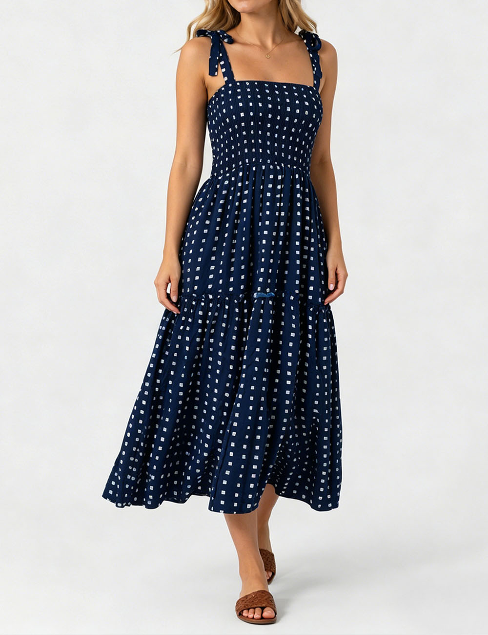Ladies Abstract Print Smocked Tie Strap Square Neck Midi Dress