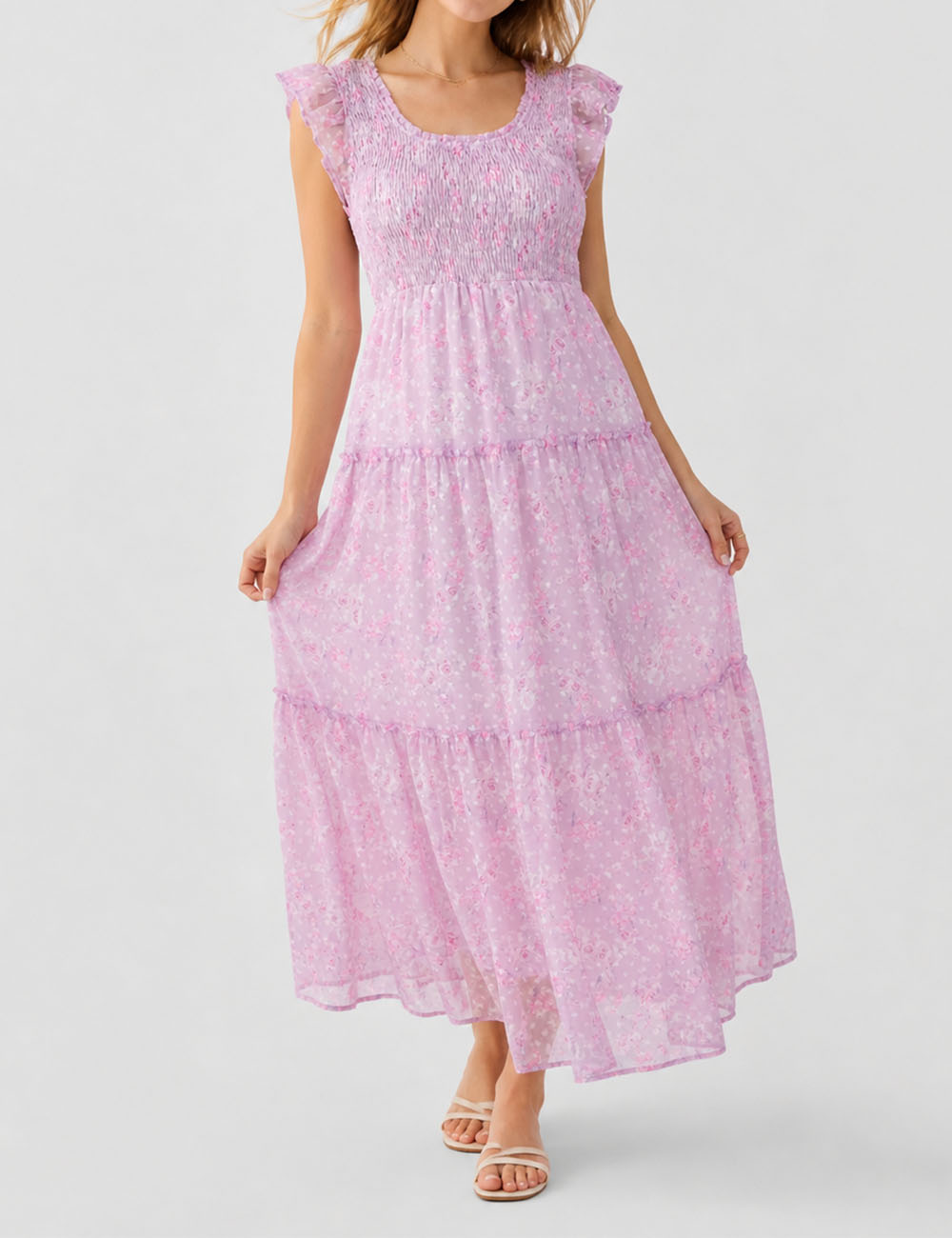Ladies Floral Print Ruffle Sleeves Tiered Hem Smocked Maxi Dress