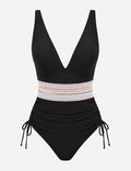 Ladies Deep V-Neck Adjustable Side Drawstring One Piece Swimsuit