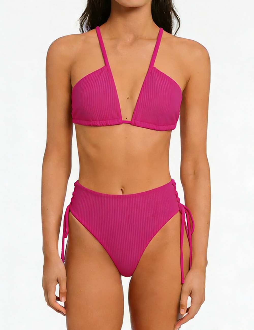 Ladies Solid Color Shoulder String Tie Bikini Set 8BK3WST317