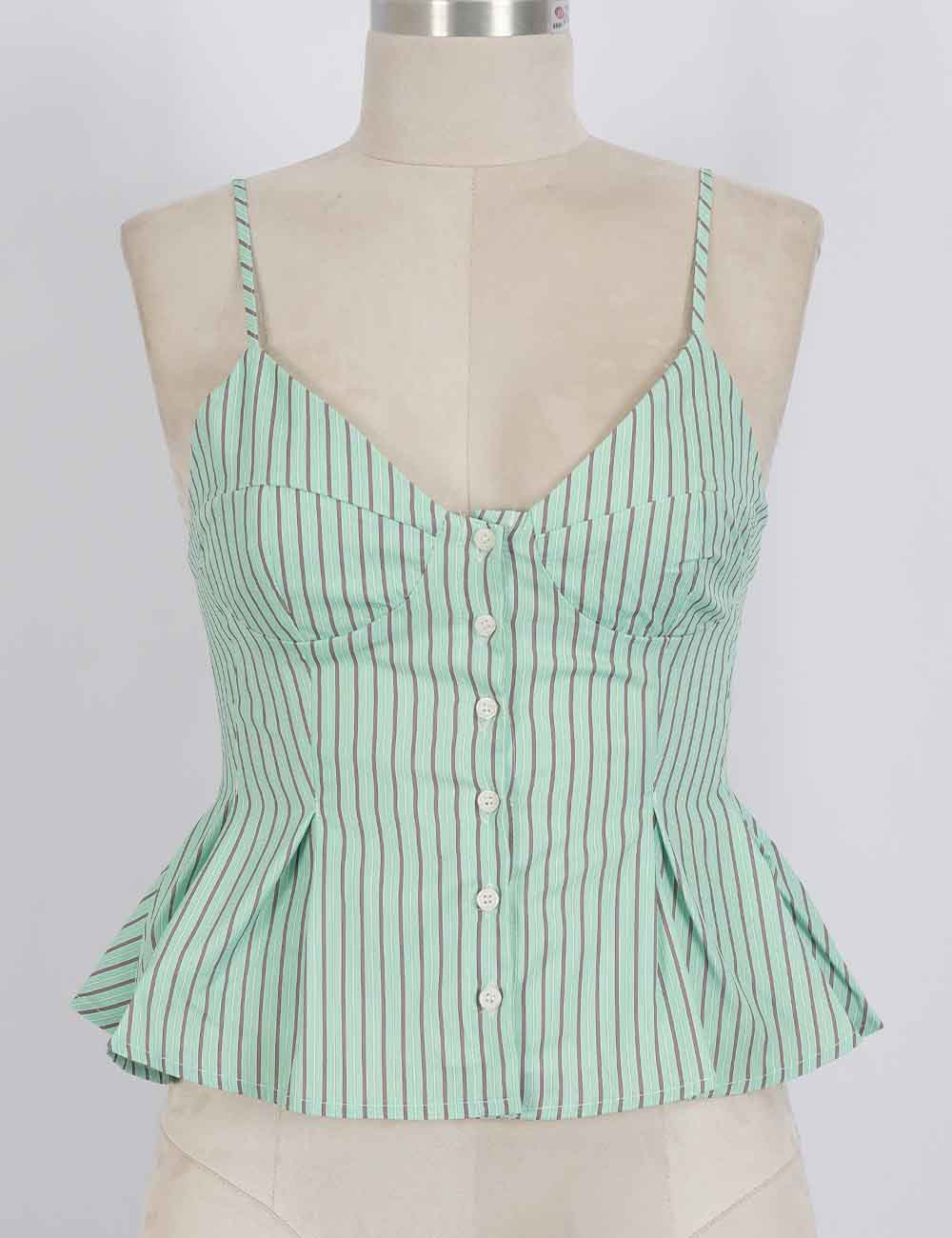 Ladies Chic Striped Spaghetti Strap Button Front Peplum Cami Top