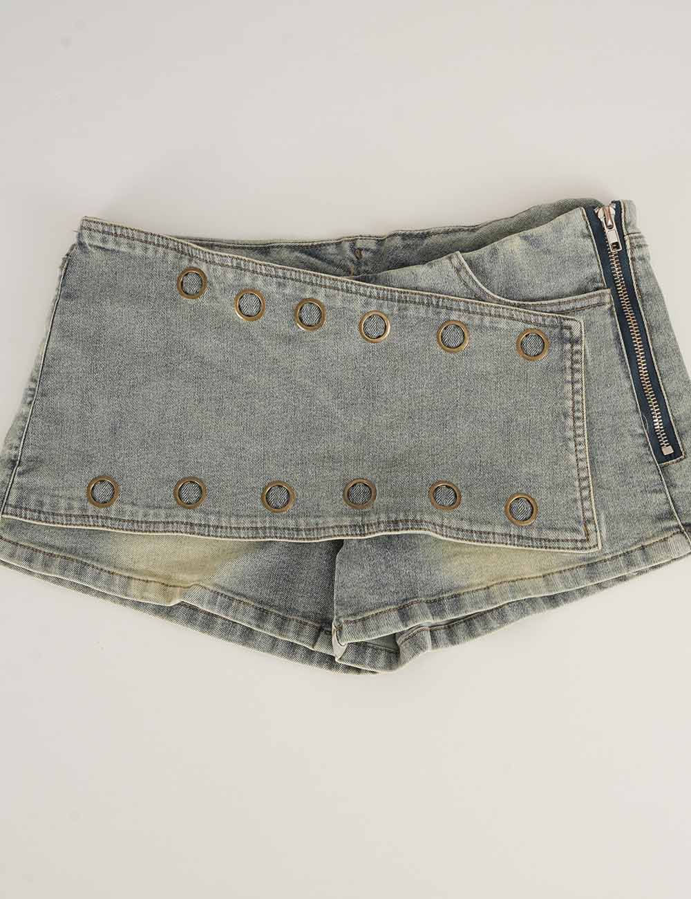 Ladies Metal Eyelet Wrap Denim Mini Shorts
