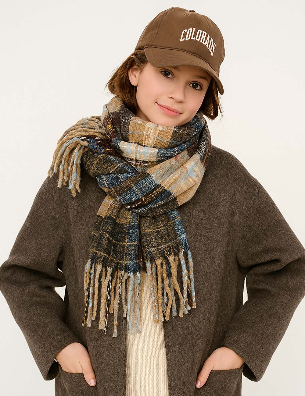 Ladies Christmas Plaid Fringe Oblong Knit Scarf