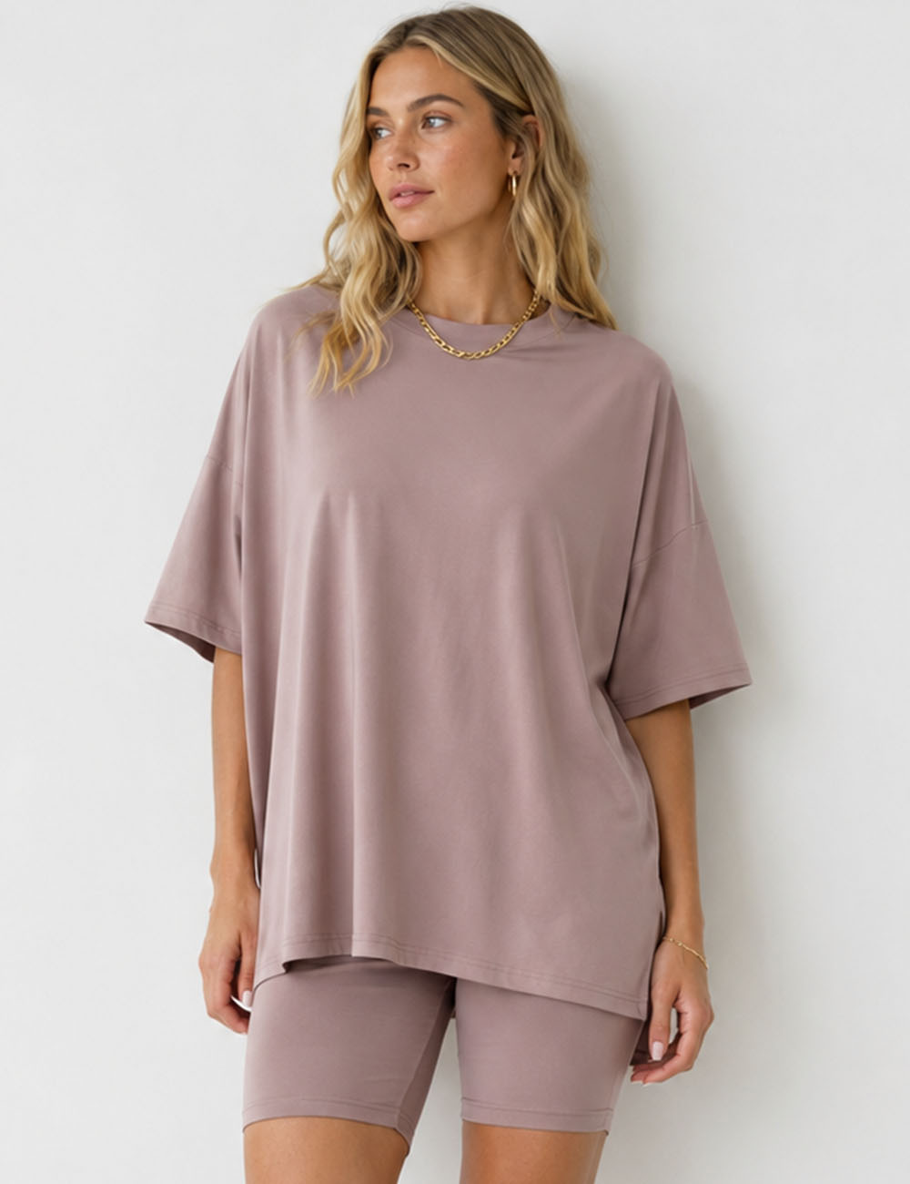 Ladies Solid Loungewear Outfits Loose Top & Slim Shorts Set