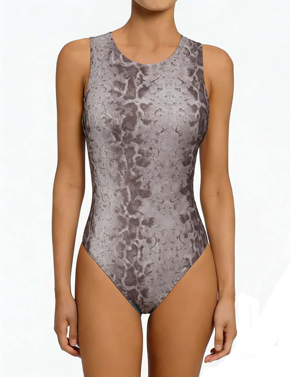 Ladies Snake Print Round Neck Sleeveless One Piece Swimsuit
