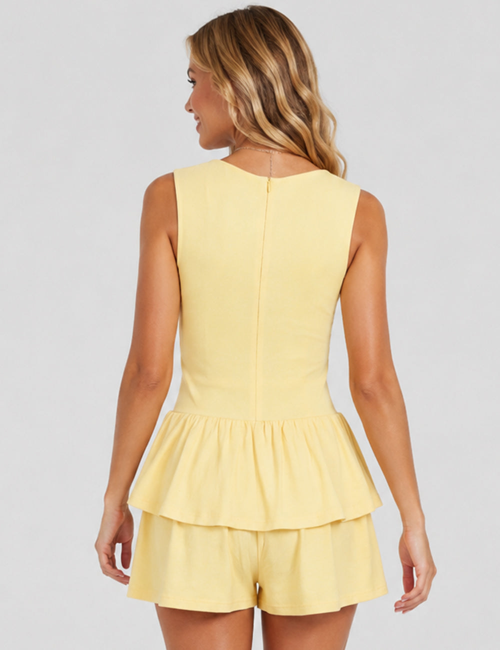 Ladies Sleeveless Layered Ruffle Hem Solid Color Romper