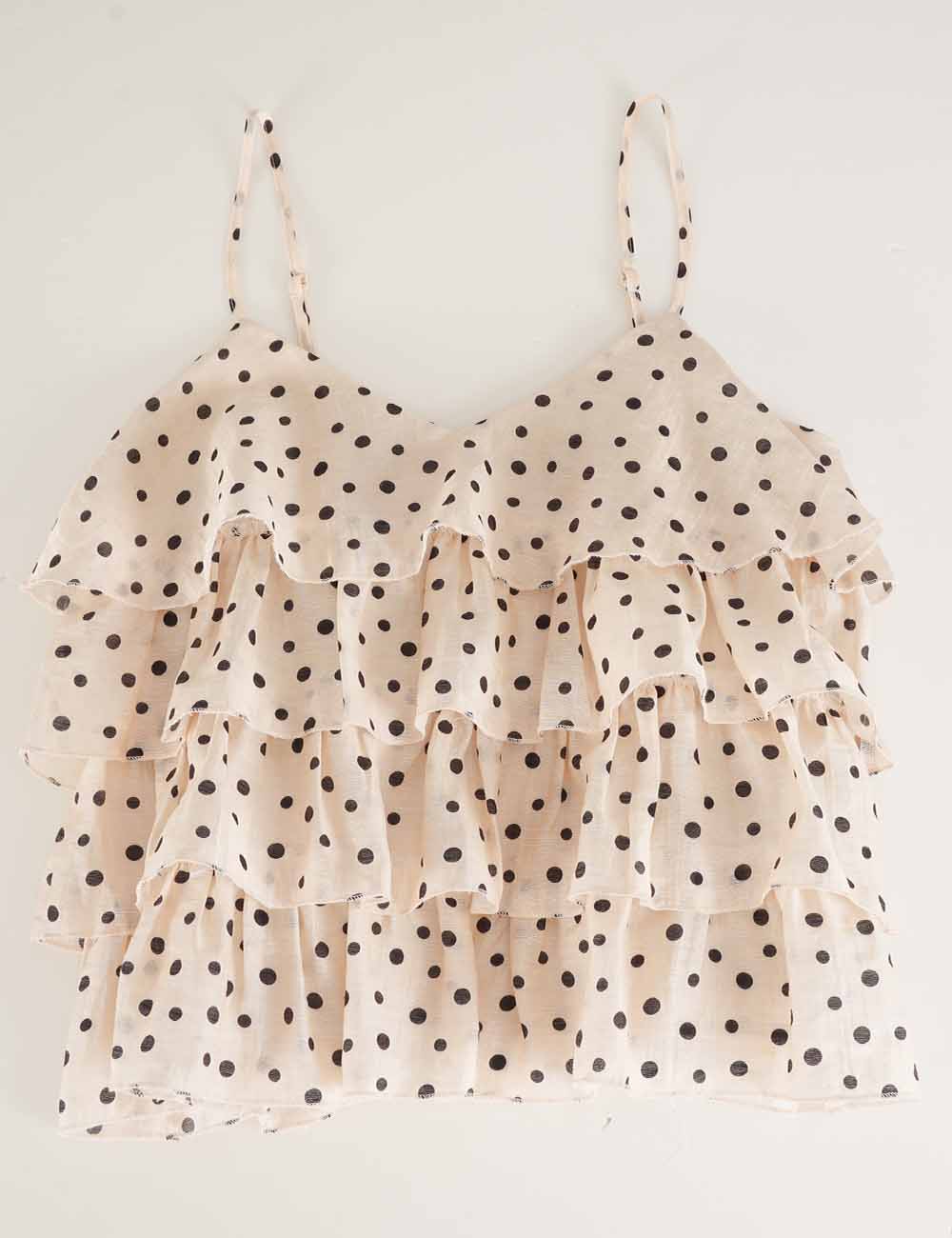 Ladies Polka Dot Print Layered Ruffle Spaghetti Strap Cami Top