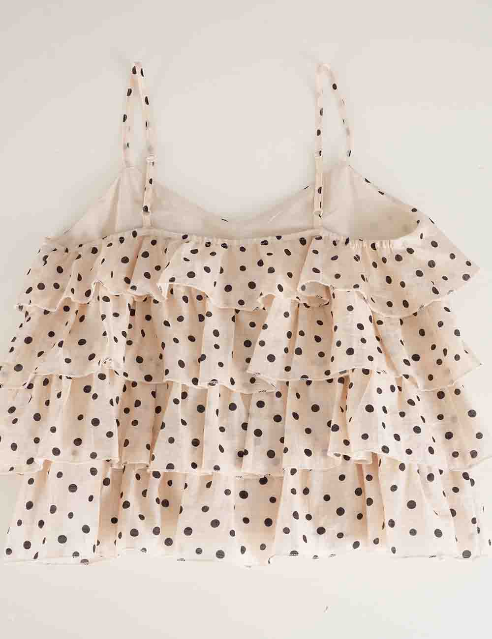 Ladies Polka Dot Print Layered Ruffle Spaghetti Strap Cami Top