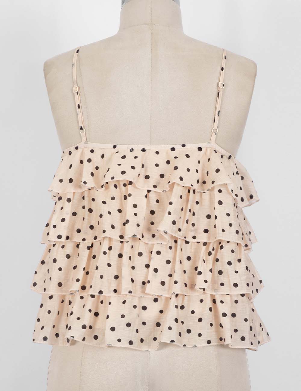Ladies Polka Dot Print Layered Ruffle Spaghetti Strap Cami Top