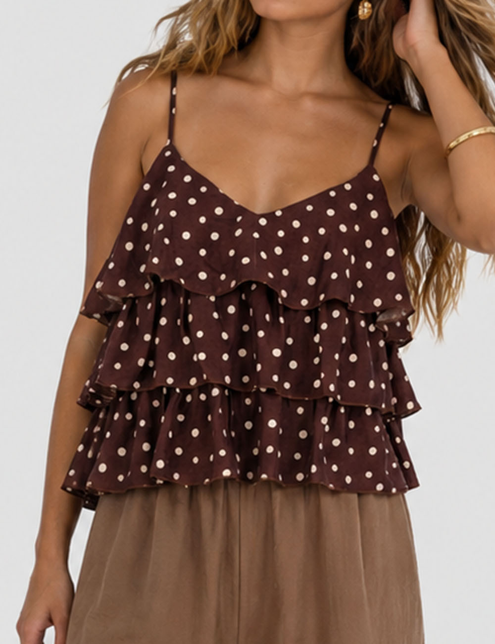Ladies Polka Dot Print Layered Ruffle Spaghetti Strap Cami Top