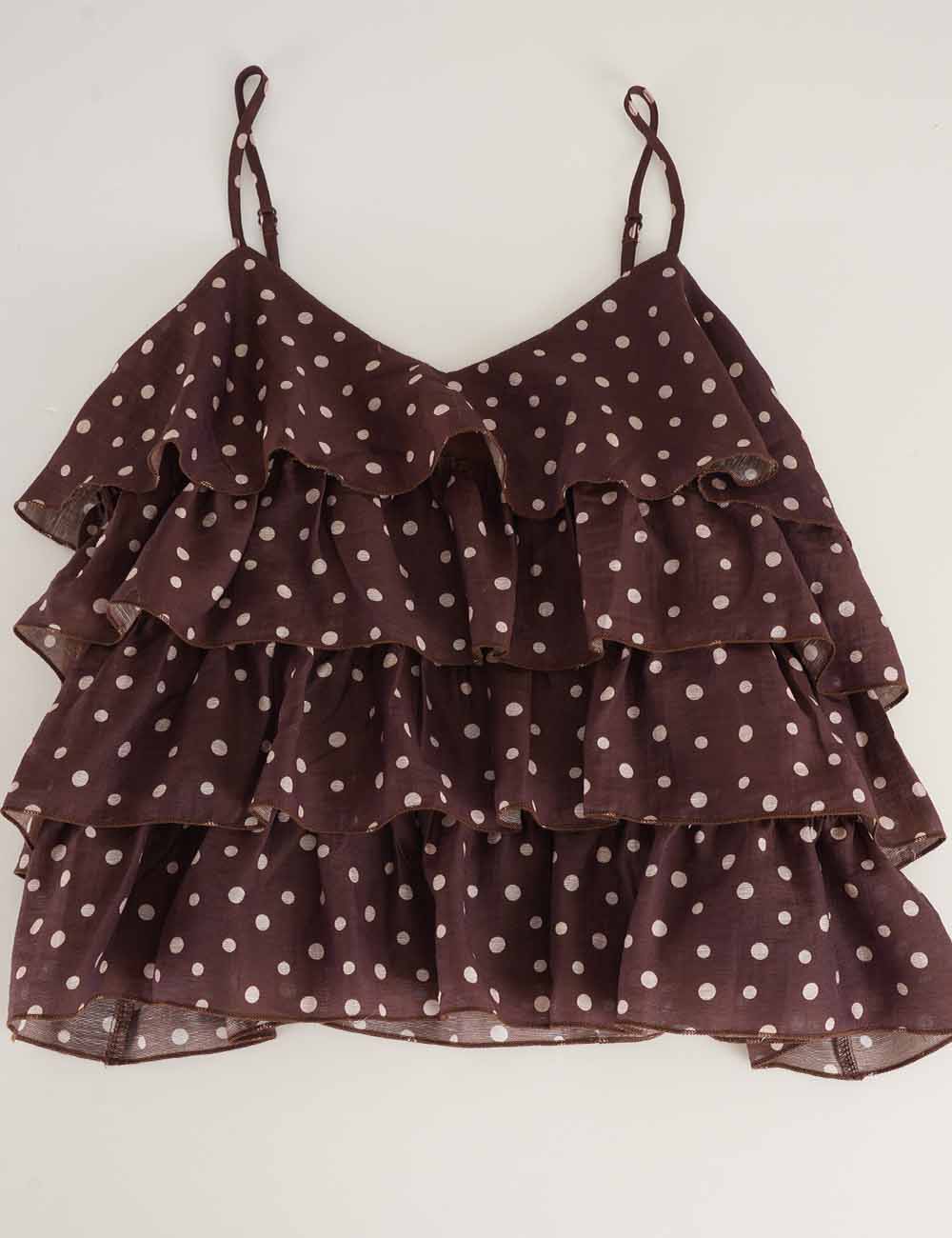Ladies Polka Dot Print Layered Ruffle Spaghetti Strap Cami Top