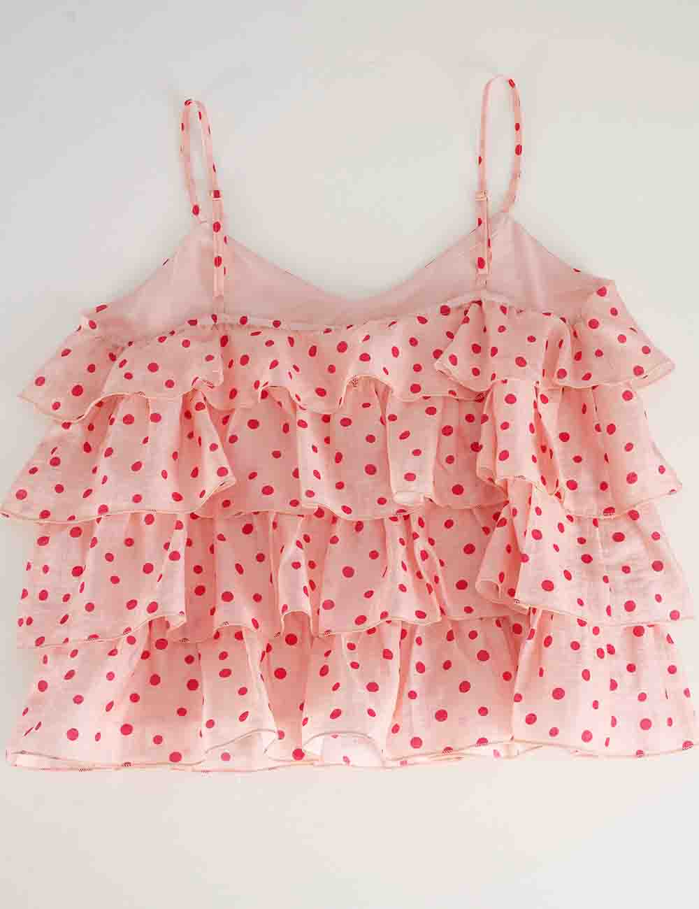 Ladies Polka Dot Print Layered Ruffle Spaghetti Strap Cami Top
