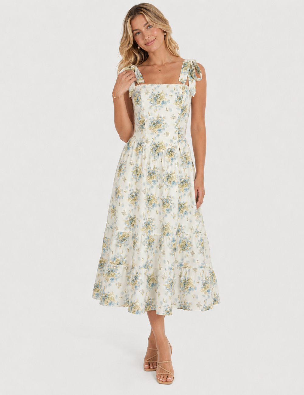 Ladies Floral Print Tie Strap Lace Trim Square Neck Midi Dress