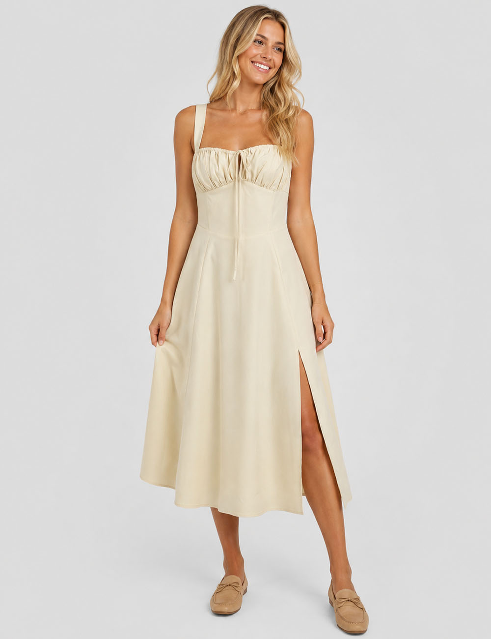 Ladies Square Neck Ruched Bust Side Split Midi Dress