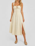 Ladies Square Neck Ruched Bust Side Split Midi Dress