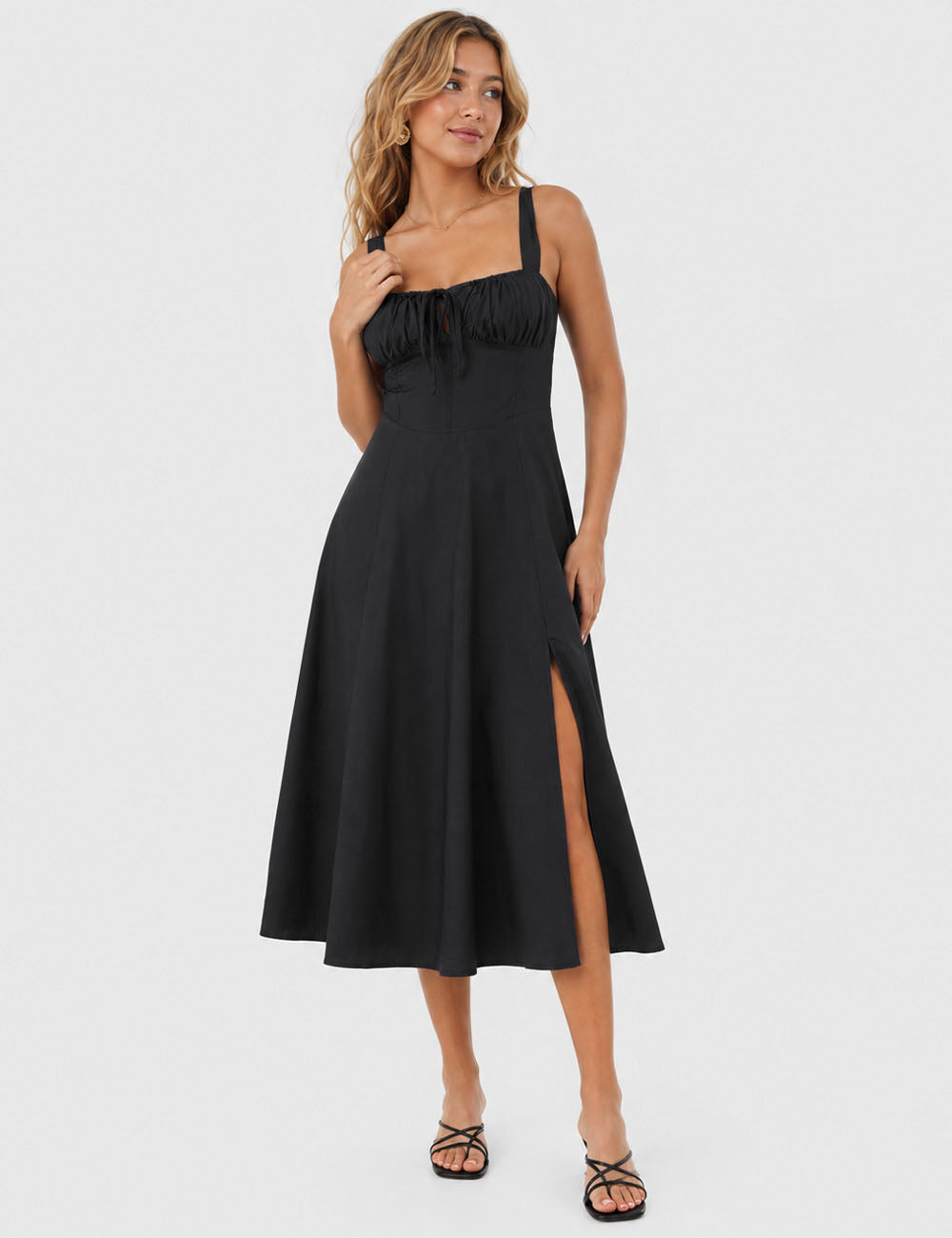 Ladies Square Neck Ruched Bust Side Split Midi Dress
