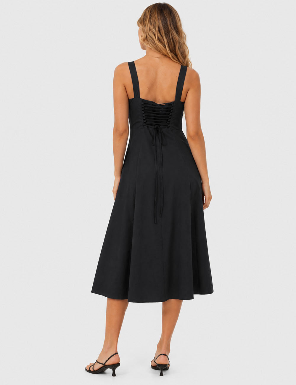 Ladies Square Neck Ruched Bust Side Split Midi Dress