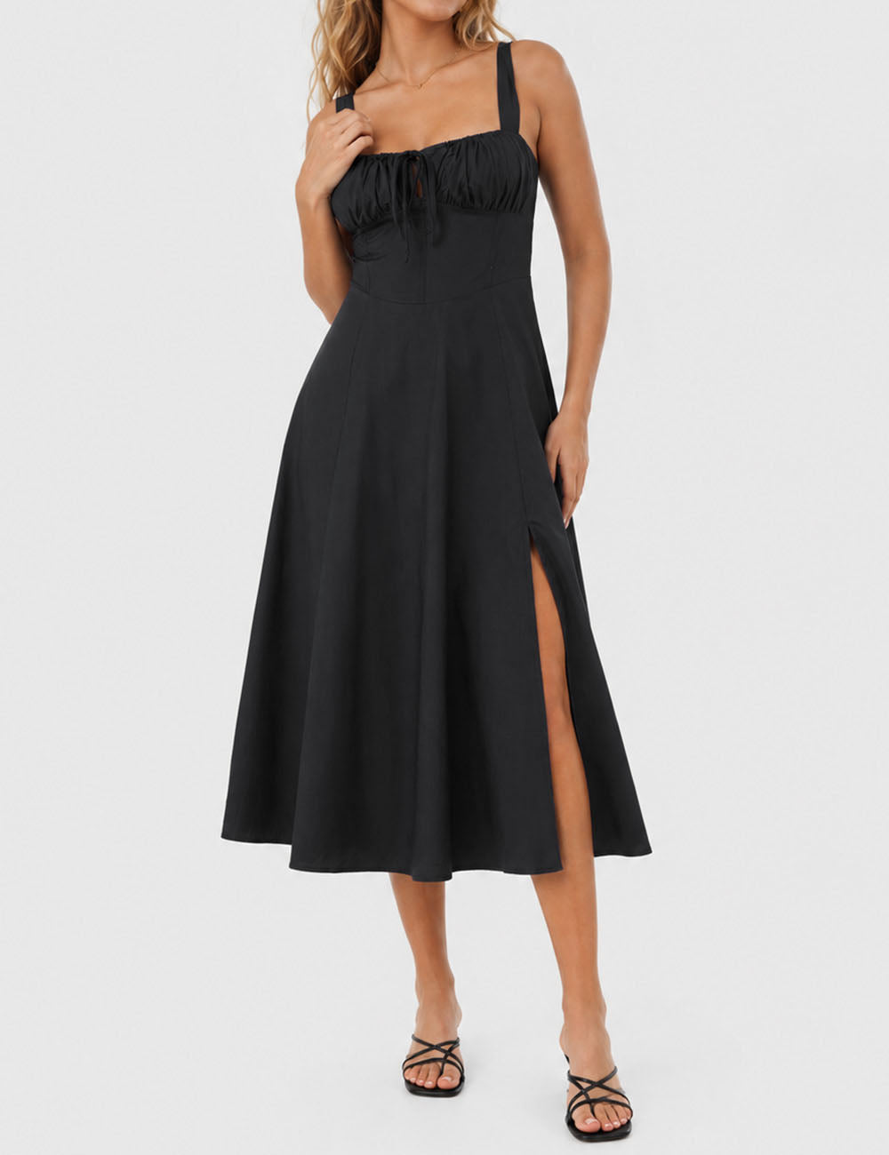 Ladies Square Neck Ruched Bust Side Split Midi Dress