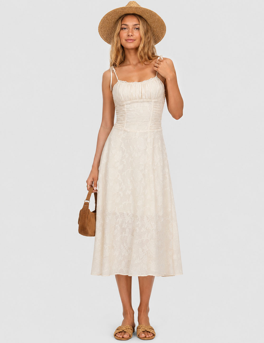 Ladies Romantic Floral Jacquard Ruched Tie Strap Cami Midi Dress
